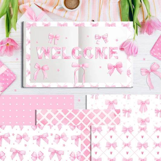 Scrapbook paper with pink bows, 24 sheets