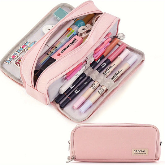 Pink pencil case with multiple compartments